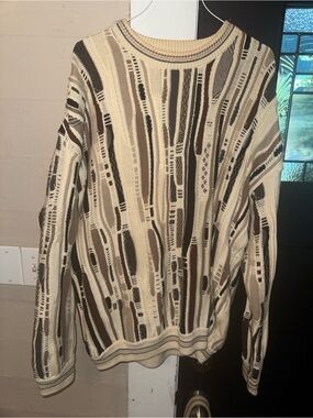 Divots golf Men's Patterned Crewneck Sweater in Cream and Brown VTG XL